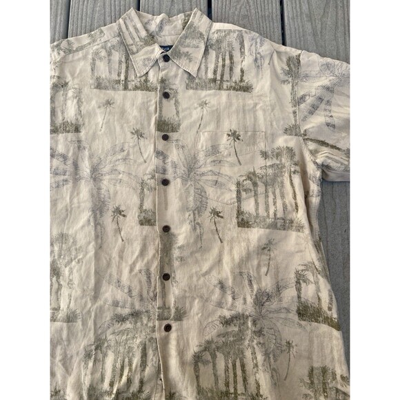 Nautica XL Silk Linen Beige Hawaiian Palm Tree Button Shirt Short Sleeve Safari - Picture 4 of 11